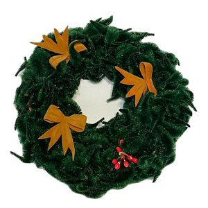 vintage green chenile christmas wreath Decor Gold  bows berries